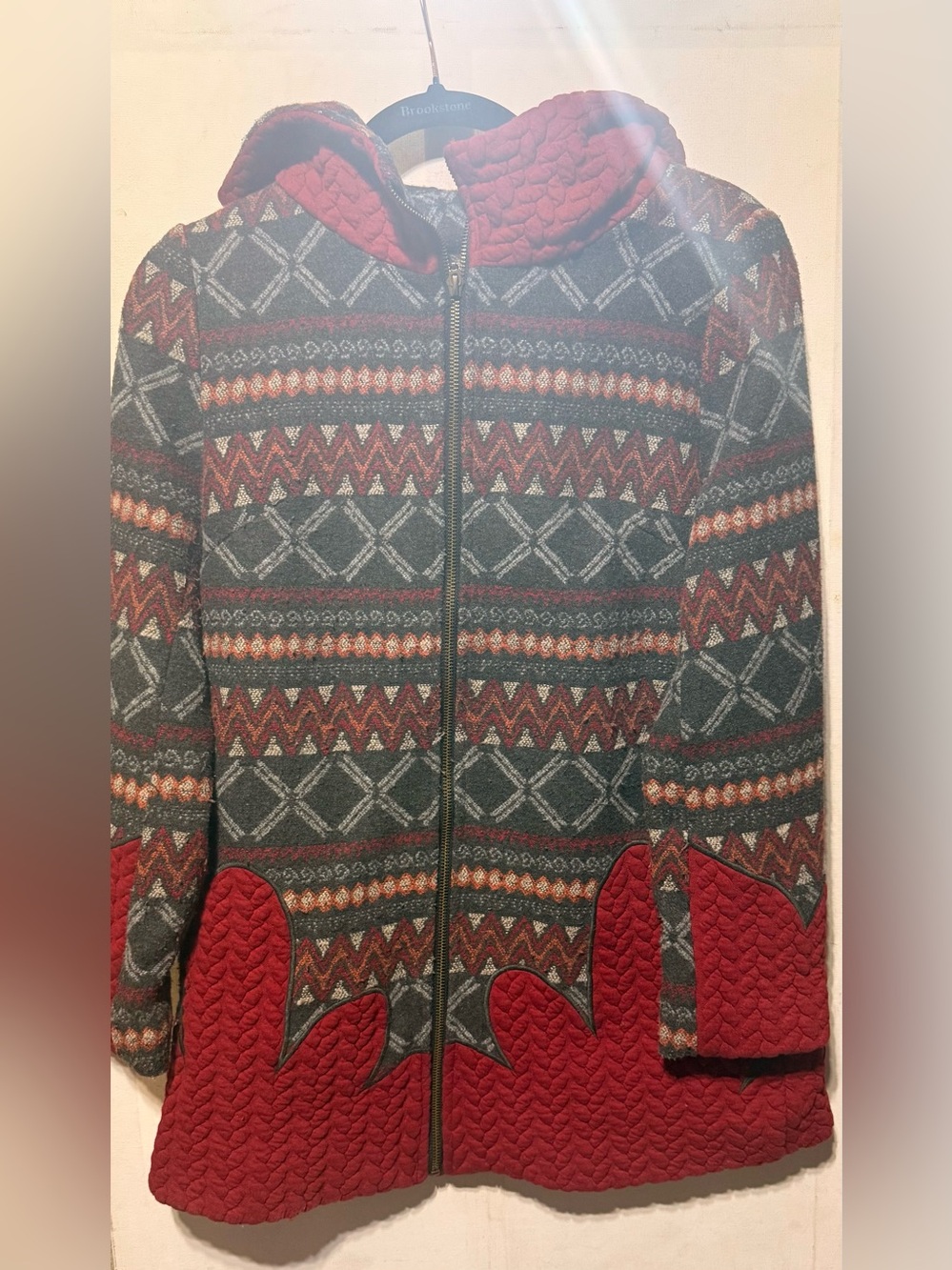 Womens Quilted Hooded Trench Coat in Red and Gray